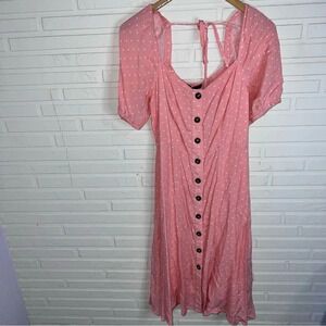 Gibson Pink White Polka Dot Puffed Short Sleeve Midi Smocked Dress, Size Small